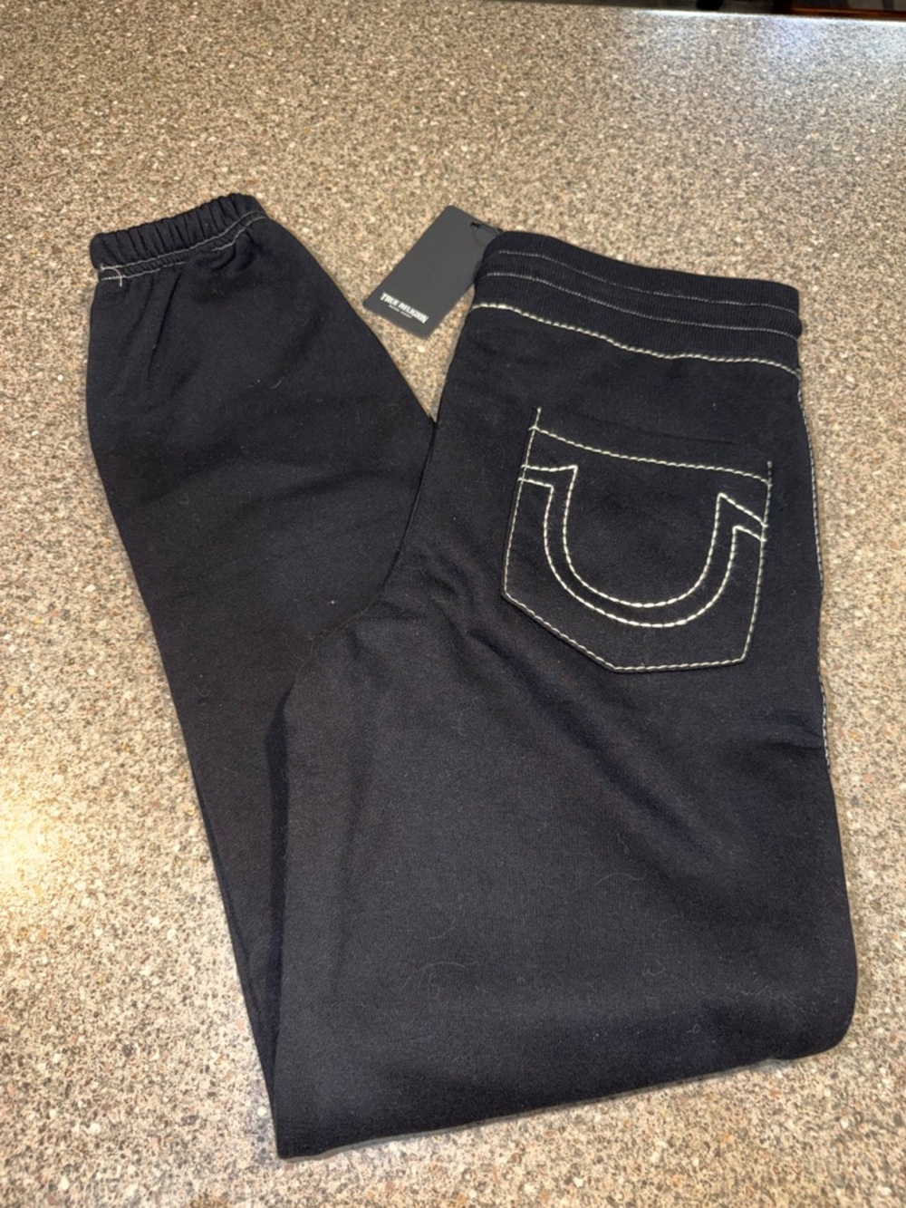 New True Religion Black Jogger Pants with Contrast Stitching